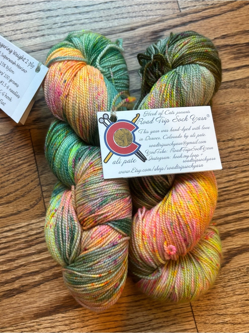 Road Trip Sock Yarn Hand-Dyed Sock Yarn - Multicolor Green/Pink/Yellow